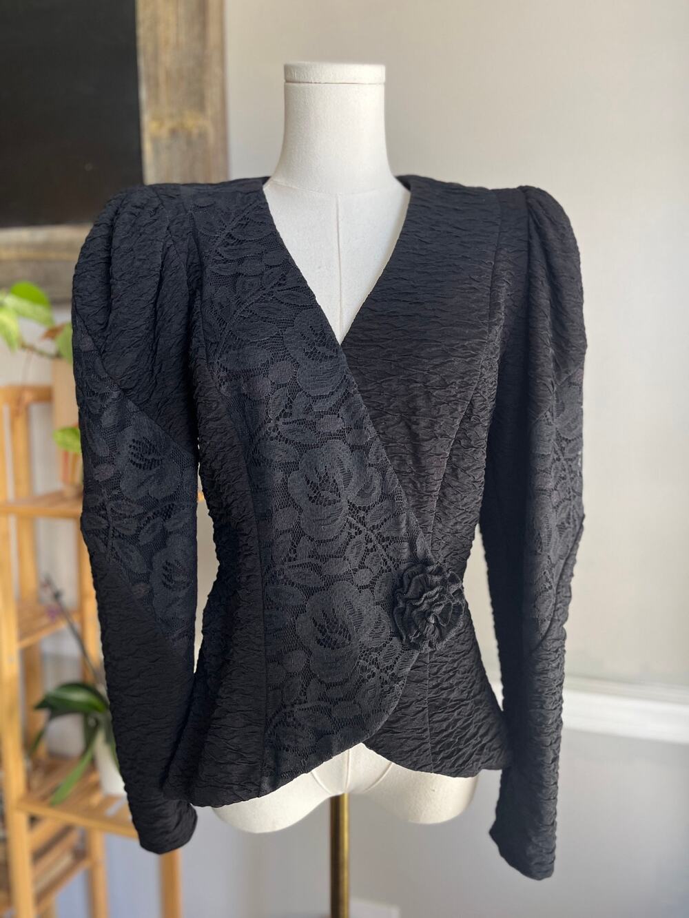 Vintage 90s Structured Wrap Blouse Black Lace Crinkle Gauze Size Medium